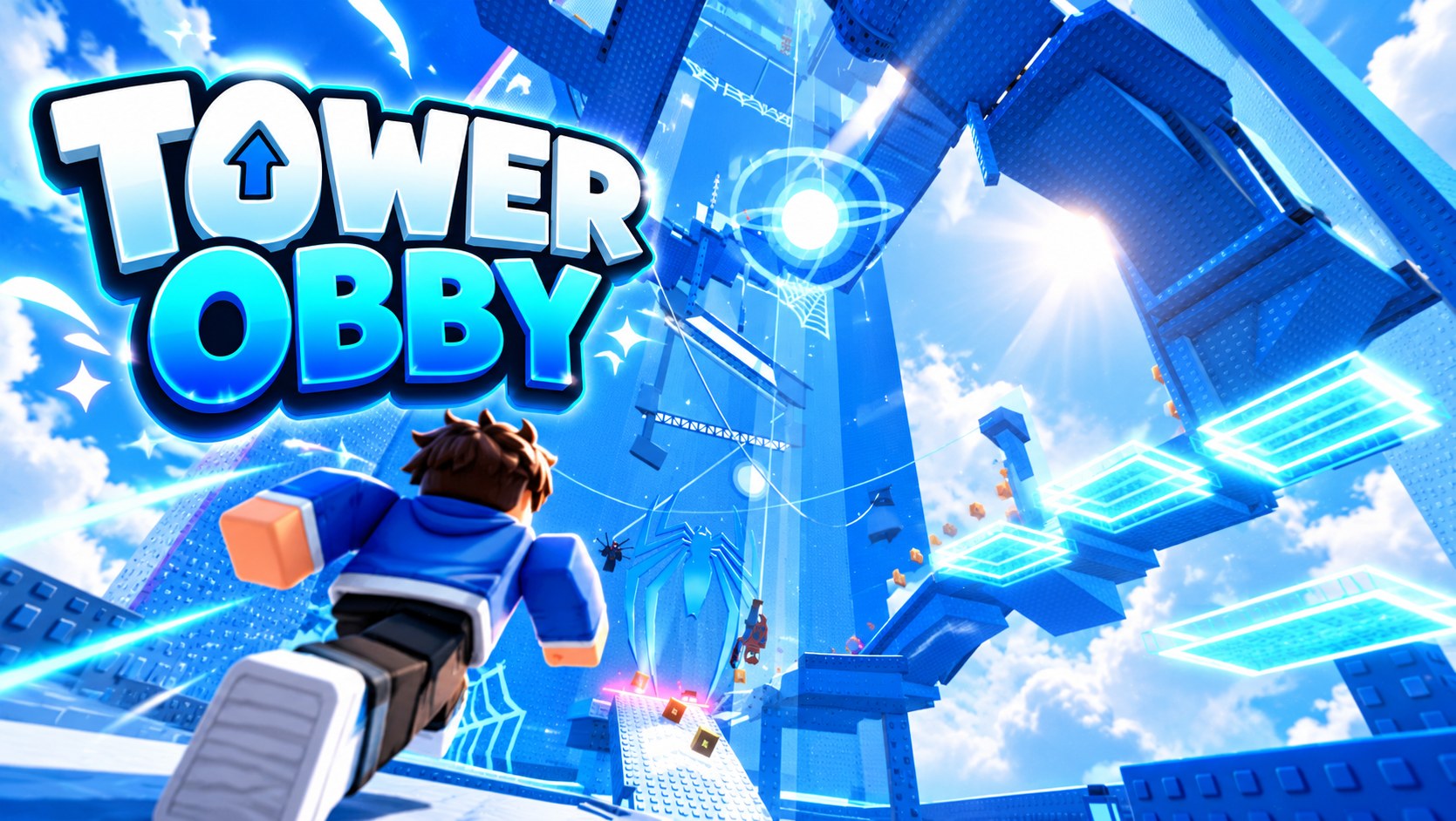 Portada de Tower Obby con un personaje subiendo una torre azul de plataformas